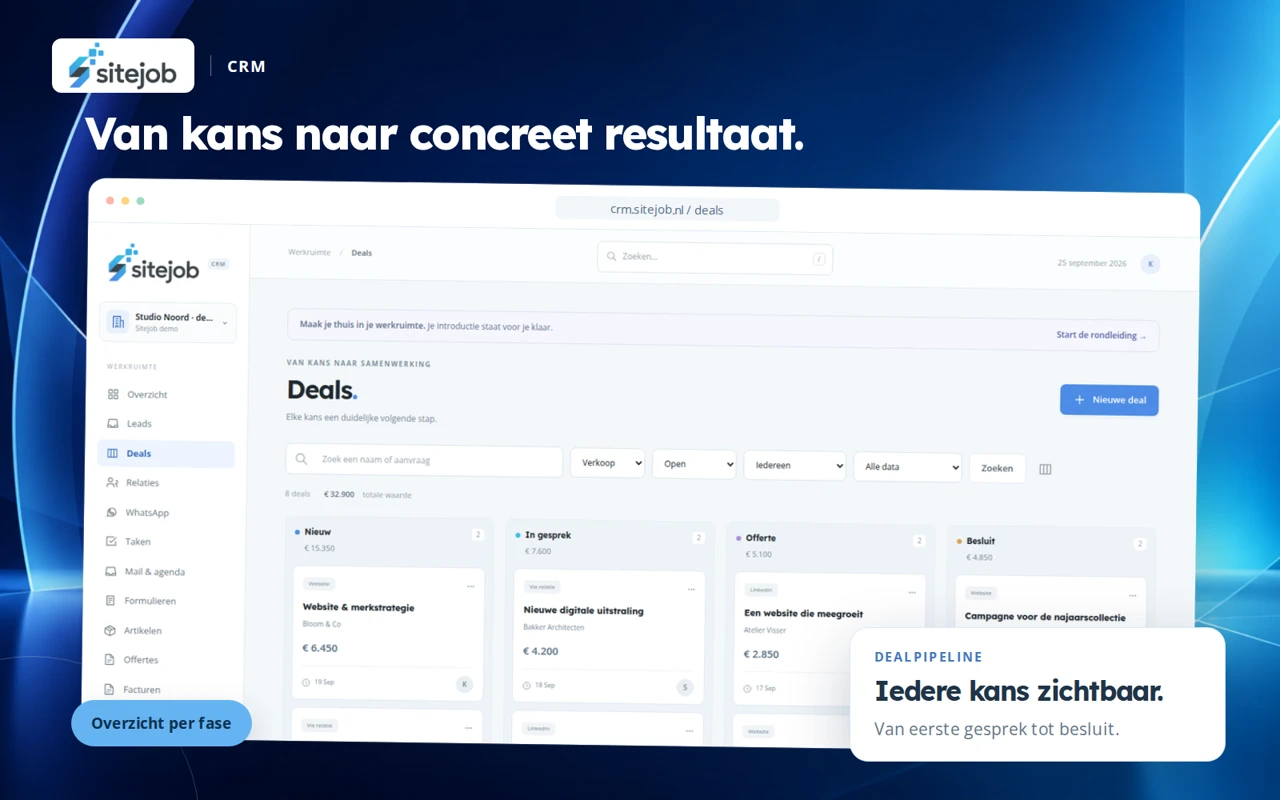 Sitejob CRM-productvisual met de actuele dealpipeline per fase