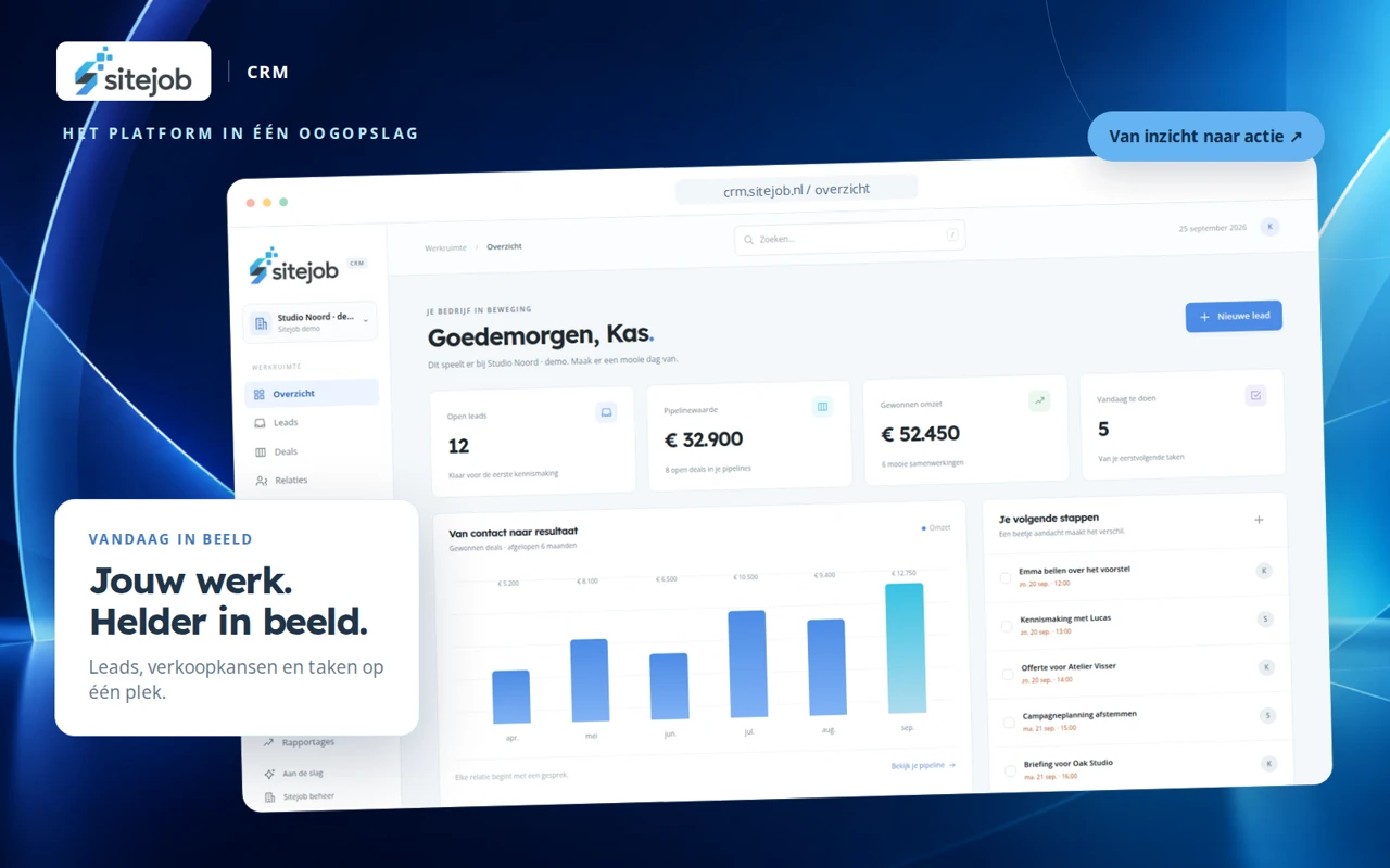 Sitejob CRM-productvisual met het actuele dashboard en Sitejob-logo