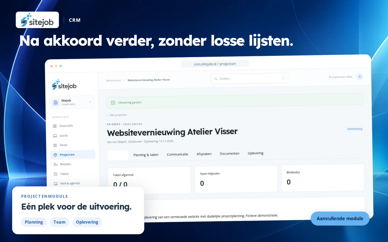 Sitejob CRM-productvisual met de actuele projectomgeving en het Sitejob-logo