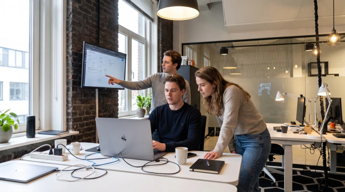 Drie softwaremakers overleggen rond een laptop en processcherm